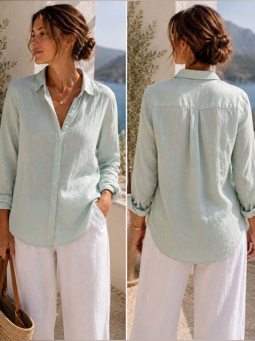 100% Linen Coastal Button-Up Shirt | Seafoam Green